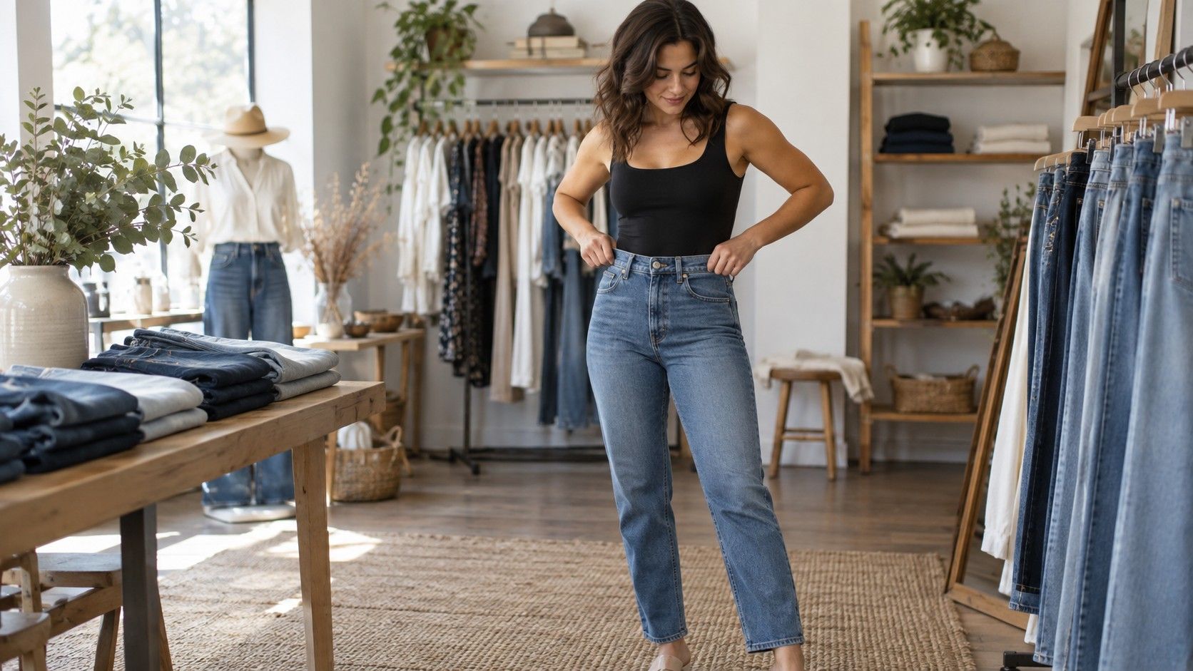Trying on jeans with different rises