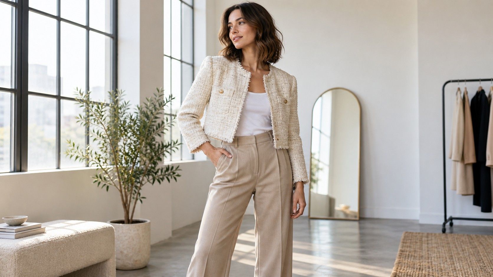 Rectangle body shape outfit with layered texture