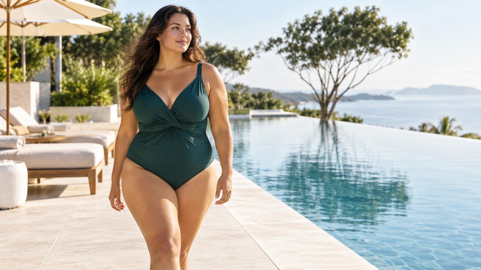 Checking the fit of a one-piece swimsuit